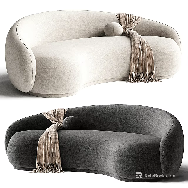 Light Beige and Dark Gray Curved Sectional Sofa with Round Pillow and Fringed Blanket 3d model 
