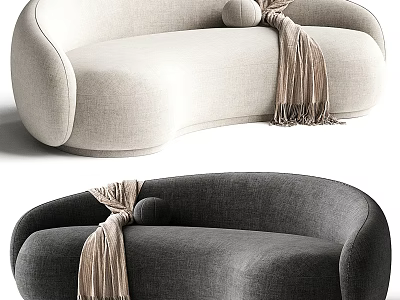 Light Beige and Dark Gray Curved Sectional Sofa with Round Pillow and Fringed Blanket 3d model