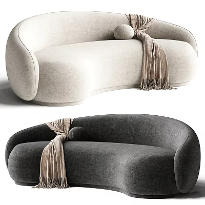 Light Beige and Dark Gray Curved Sectional Sofa with Round Pillow and Fringed Blanket 3d model