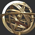 Vintage Brass Armillary Sphere With Intricate Metal Structure And Red Wooden Base