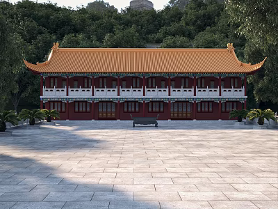Ancient Architecture With Orange Roof Overhanging Eaves Red Body Front Square Green Trees And Mountain 3d model