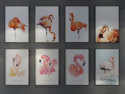 Watercolor Flamingo Animal Paintings Framed Wall Art With Various Poses 3d model