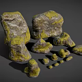 Natural Stones And Wood Pieces With Yellow Moss In Various Sizes
