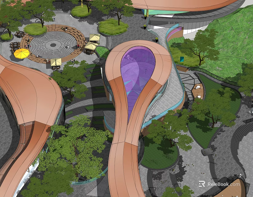 Modern Commercial Landscape Design With Curved Pathways Purple Structures And Lush Greenery 3d model 