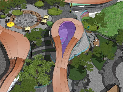 Modern Commercial Landscape Design With Curved Pathways Purple Structures And Lush Greenery 3d model