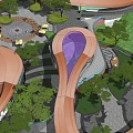 Modern Commercial Landscape Design With Curved Pathways Purple Structures And Lush Greenery