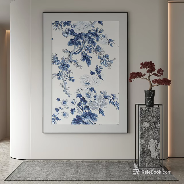 Blue and White Botanical Painting with Floral Design and Red Flowers on Marble Table 3d model 