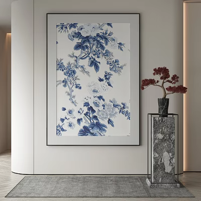 Blue and White Botanical Painting with Floral Design and Red Flowers on Marble Table 3d model