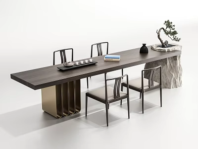 Modern Wooden Tea Table with Metal Base and Chairs Tea Set Books and Decorative Bonsai 3d model