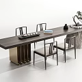 Modern Wooden Tea Table with Metal Base and Chairs Tea Set Books and Decorative Bonsai