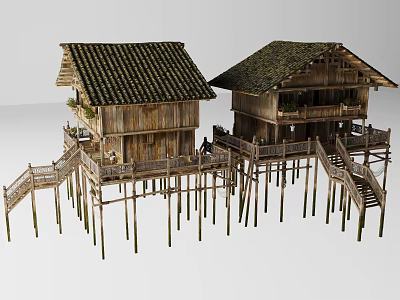 Rustic Traditional Stilted Wooden Architecture Exterior with Tiled Roof Balcony and Stairs 3d model