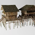 Rustic Traditional Stilted Wooden Architecture Exterior with Tiled Roof Balcony and Stairs