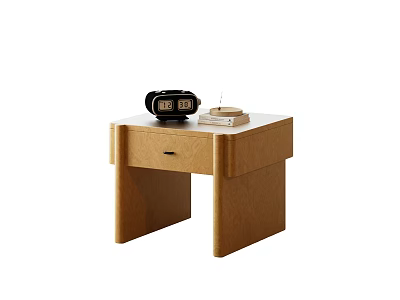 Modern Wooden Bedside Table With Drawer And Alarm Clock On Top 3d model