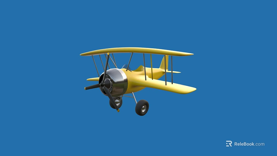 Vintage Yellow Biplane Model With Open Cockpit Propeller And Blue Background 3d model 