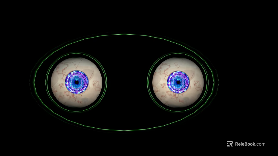 Human Eyes With Blue Pupils Red Blood Vessel Patterns And Green Outline On Black Background 3d model 