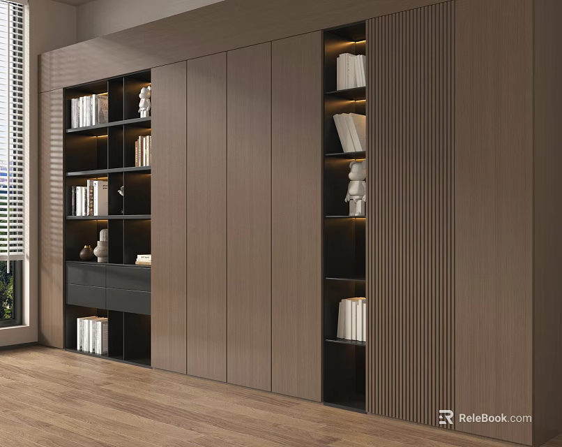 Modern Living Room Wooden Bookcase With Open Shelves LED Lighting And Storage 3d model 