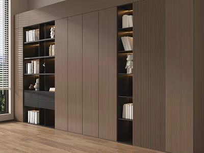 Modern Living Room Wooden Bookcase With Open Shelves LED Lighting And Storage 3d model