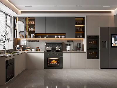 Modern Open Concept Kitchen Interior With Island Counter Cabinets And Appliances 3d model