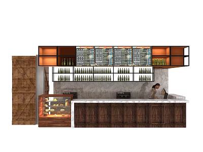 Wooden Bar Counter Interior Design With Wine Racks Menu Boards Cabinets And Warm Lighting 3d model