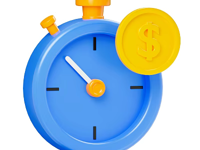 Blue Clock Shaped Decorative Ornament Set With Orange Button And Yellow Dollar Coin 3d model