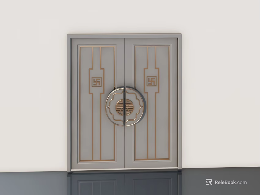 Gray Double Door With Golden Traditional Patterns And Circular Knocker Design 3d model