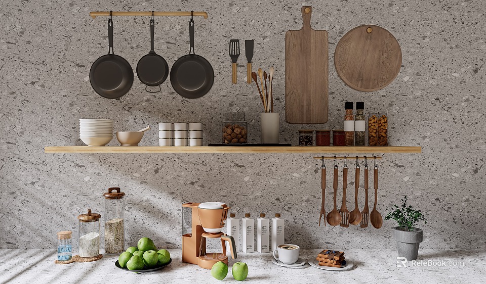 Stylish Kitchen Utensils Set with Hanging Pans Cutting Boards and Storage Jars 3d model 