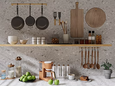 Stylish Kitchen Utensils Set with Hanging Pans Cutting Boards and Storage Jars 3d model