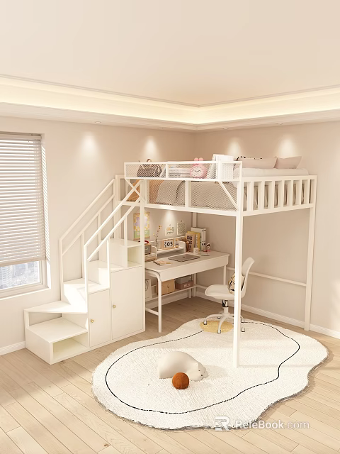 Modern Bunk Bed with Staircase Desk and Storage in Bedroom Interior 3d model 