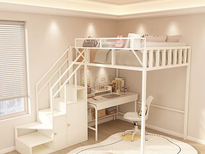 Modern Bunk Bed with Staircase Desk and Storage in Bedroom Interior 3d model