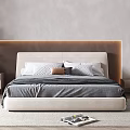 Modern Minimalist Bedroom Interior With Wooden Headboard Gray Bedding Nightstand Table Lamp Chair And Rug