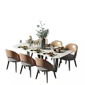 Modern Dining Table Set With Six Chairs Floral Vase And Tableware 3d model