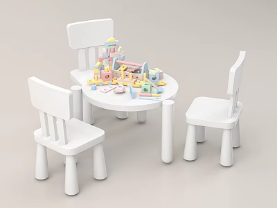 Kids Table with Three White Chairs and Colorful Building Blocks Toys on Top 3d model