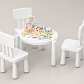 Kids Table with Three White Chairs and Colorful Building Blocks Toys on Top