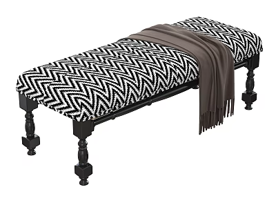 Stylish Black And White Herringbone Pattern Bench With Black Legs And Brown Blanket 3d model