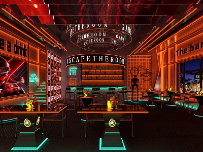 Cyberpunk Themed Bar Interior Design With Neon Lights Bar Counter Tables And City View Windows 3d model