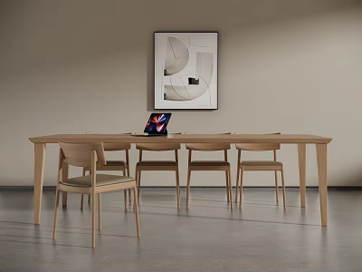 Wooden Conference Table With Surrounding Chairs Tabletop Laptop And Background Decorative Painting Modern Minimalist 3d model