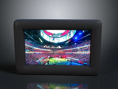 Black Tablet Display Showing Large Stadium With Football Field Audience And Lights 3d model