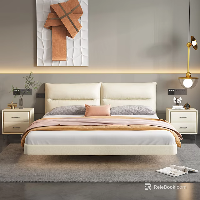 Modern Double Bed With Cream Upholstered Headboard Grey Pink Pillows Bedside Tables And Grey Carpet 3d model 