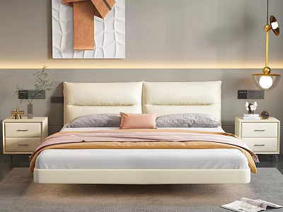 Modern Double Bed With Cream Upholstered Headboard Grey Pink Pillows Bedside Tables And Grey Carpet 3d model