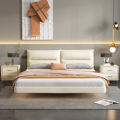 Modern Double Bed With Cream Upholstered Headboard Grey Pink Pillows Bedside Tables And Grey Carpet 3d model