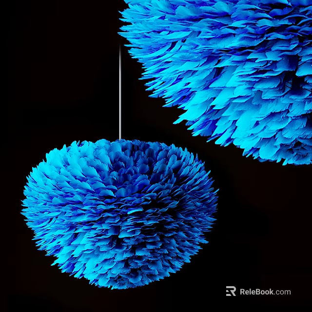 Two Blue Fluffy Feather like Decorative Pendants Hanging Against Black Background 3d model 