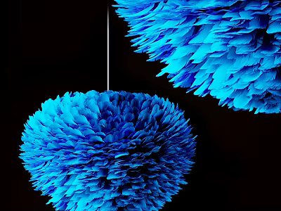 Two Blue Fluffy Feather like Decorative Pendants Hanging Against Black Background 3d model