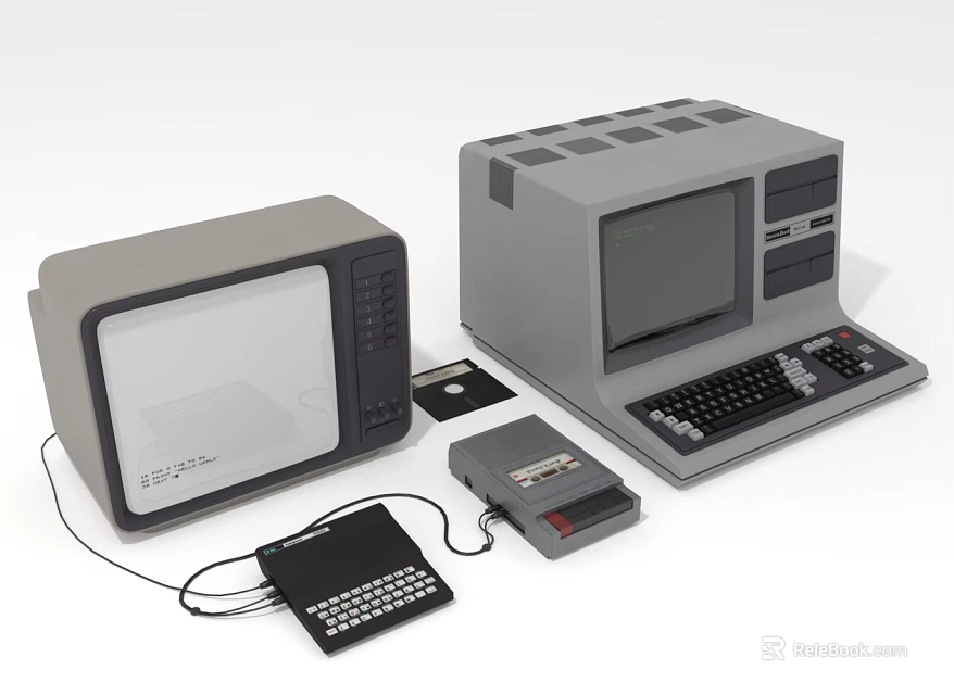 Vintage Computer Setup with Monitor Keyboard Floppy Disk and Peripherals 3d model 