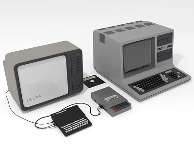 Vintage Computer Setup with Monitor Keyboard Floppy Disk and Peripherals 3d model