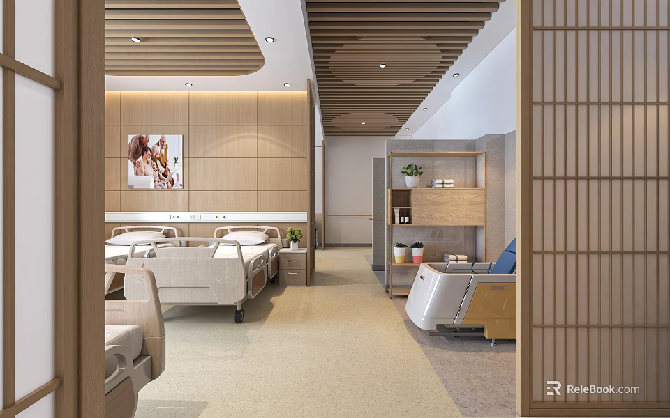Modern Hospital Ward Interior With Wooden Ceiling Hospital Beds Wall Painting Storage Cabinets And Wheelchair 3d model 