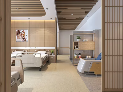 Modern Hospital Ward Interior With Wooden Ceiling Hospital Beds Wall Painting Storage Cabinets And Wheelchair 3d model
