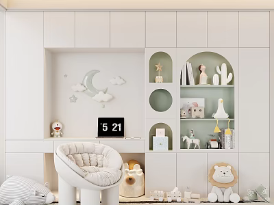 White Decorative Cabinet With Open Shelves And Moon Cloud Decorations In Kids Room 3d model