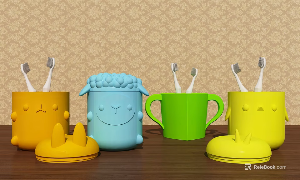 Colorful Cartoon Cups with Smiley Faces and Toothbrushes on Wooden Table with Patterned Wallpaper 3d model 