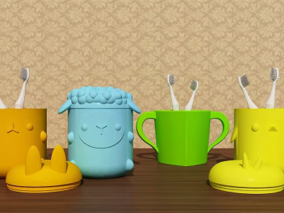Colorful Cartoon Cups with Smiley Faces and Toothbrushes on Wooden Table with Patterned Wallpaper 3d model