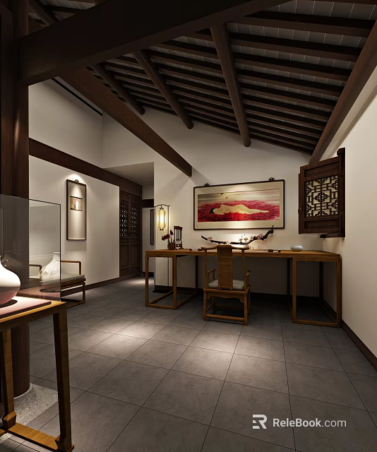 Traditional Chinese Study Room Interior With Wooden Furniture And Hanging Painting 3d model 